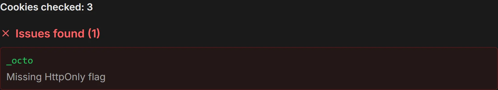 Cookie analyzer result showing three cookies checked and one finding: _octo missing HttpOnly