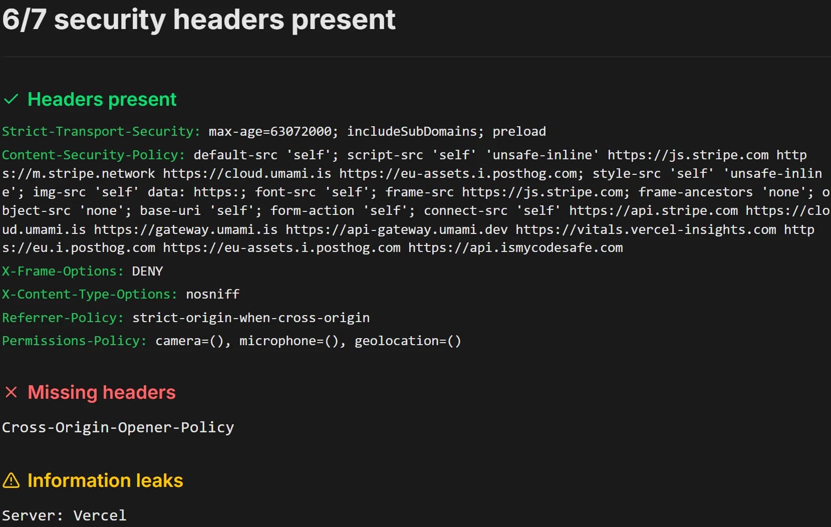 Header checker result for ismycodesafe.com: 6 of 7 security headers present, Cross-Origin-Opener-Policy missing, Server header leaking Vercel